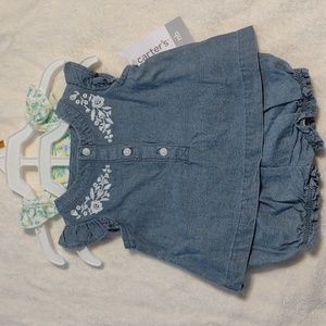 Carter's diaper cover set 3 piece onesie shorts shirt jean floral newborn nb NEW